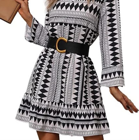 Dresses & Skirts - Dress V Neck Geo Print Ruffle Hem Mini Dress Without Belt